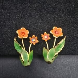 Austrian Rhinestone Flower Clip On Earrings Orange Vintage Costume Jewelry